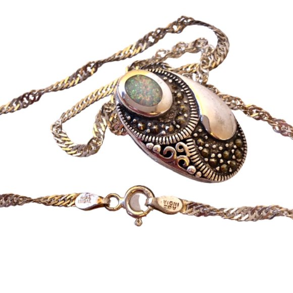 Vintage Sterling Silver 925 Maracite Necklace + Stud Earring Set OPALS - Picture 6 of 10